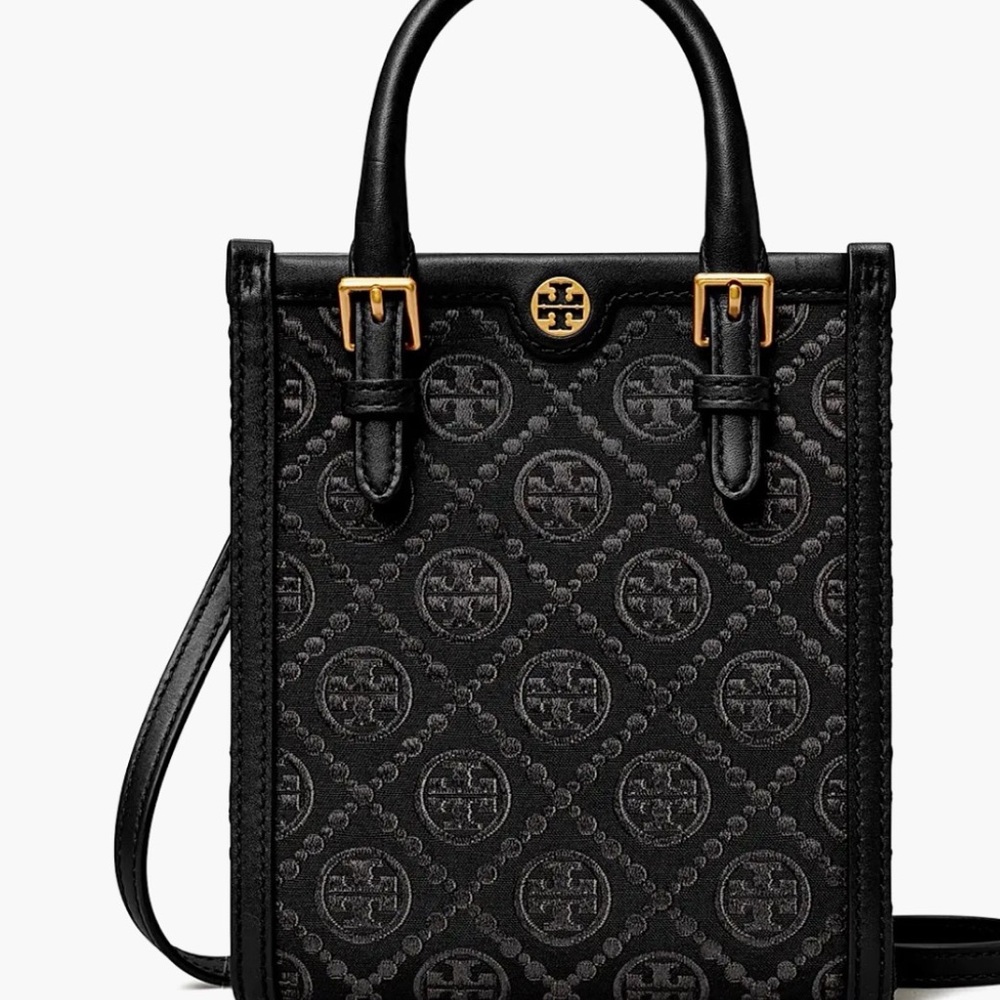 Tory Burch Black Logo-Embossed Mini Tote with Gold Hardware